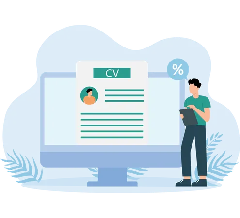 Jovem verificando requisitos de CV  Ilustração