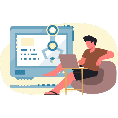 Jovem verificando o desenvolvimento da robótica  Ilustração
