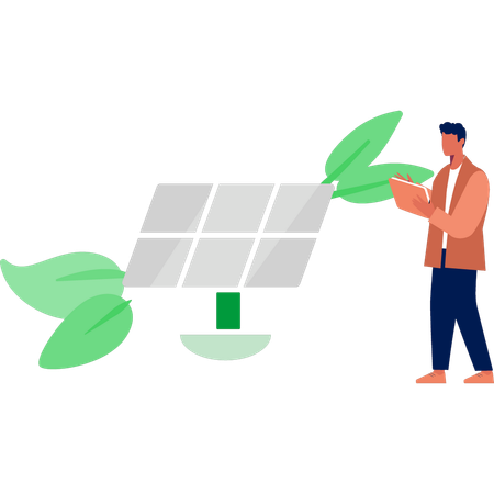 Jovem verificando o painel solar  Ilustração