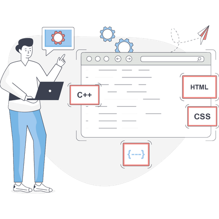 Jovem verificando programação C++ no laptop  Ilustração