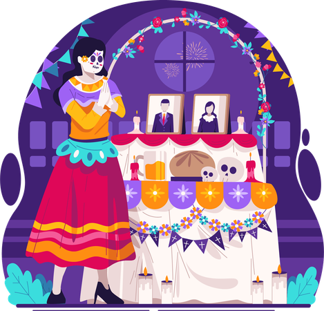 Jovem vestida com fantasia de calavera Catrina rezando perto do altar  Ilustração
