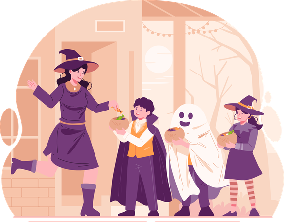 Jovem vestida de bruxa distribui doces para crianças vestidas com fantasias de Halloween  Ilustração