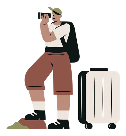 Jovem viajando com mala de viagem  Ilustração
