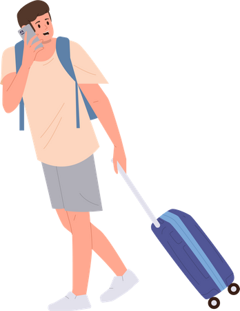 Viajante jovem preocupado carregando mala de bagagem falando pelo celular  Ilustração