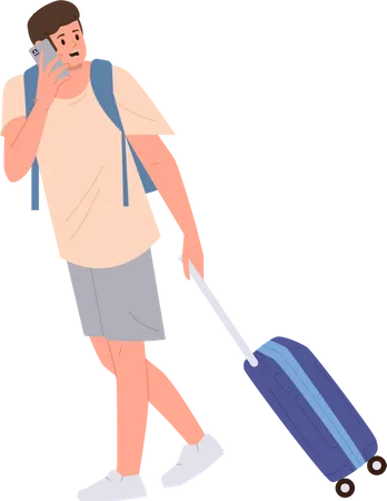 Viajante jovem preocupado carregando mala de bagagem falando pelo celular  Ilustração