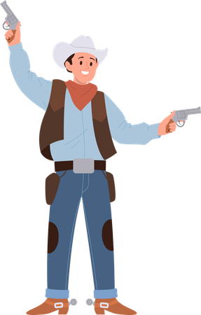 Joven actor vaquero con traje tradicional y sombrero actuando con revólveres  Ilustración