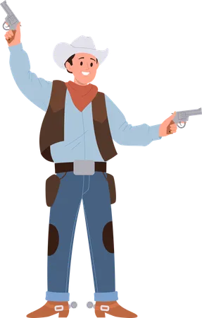 Joven actor vaquero con traje tradicional y sombrero actuando con revólveres  Ilustración
