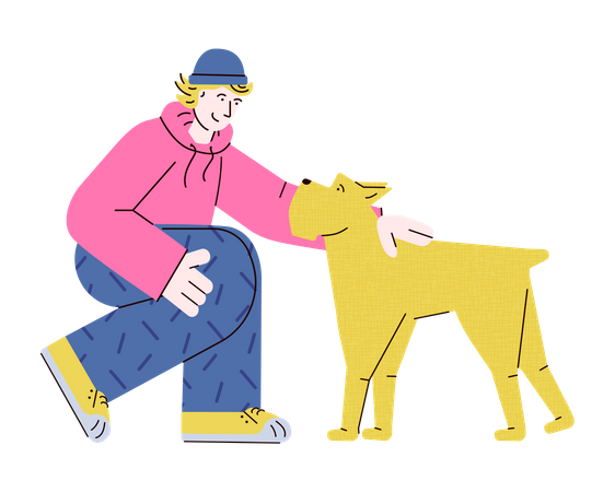 Un joven adolescente acariciando a un perro amarillo  Ilustración