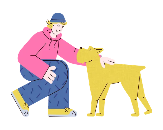 Un joven adolescente acariciando a un perro amarillo  Ilustración