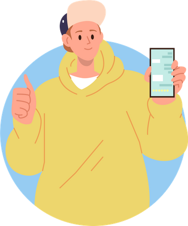Un joven adolescente mostrando un teléfono inteligente gesticulando con los pulgares hacia arriba dando recomendación  Ilustración