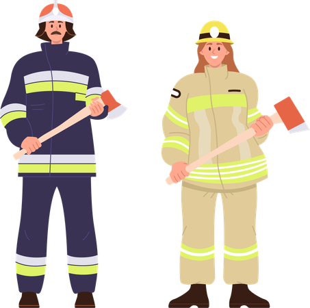 Personajes de bombero hombre y mujer adultos jóvenes vistiendo uniforme  Ilustración