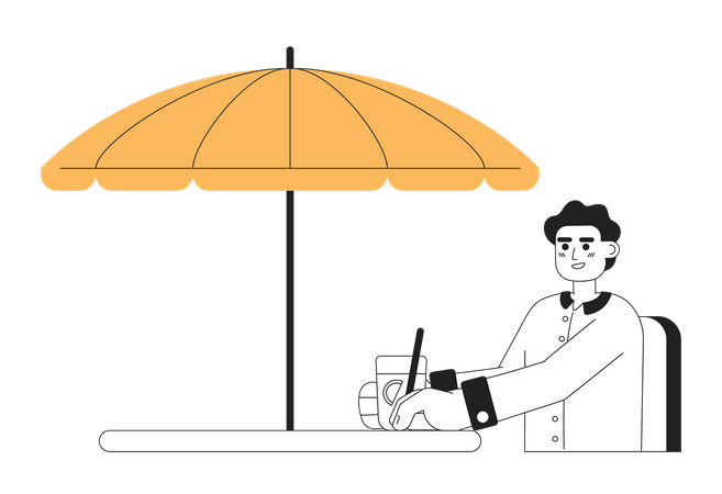 Joven afroamericano con refresco sentado bajo el paraguas  Ilustración