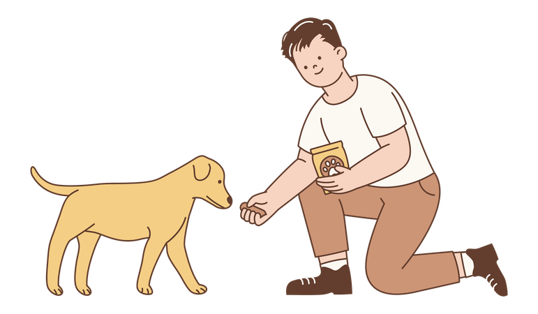 Un joven alimenta a un perro callejero como un acto de ayuda a los animales  Ilustración