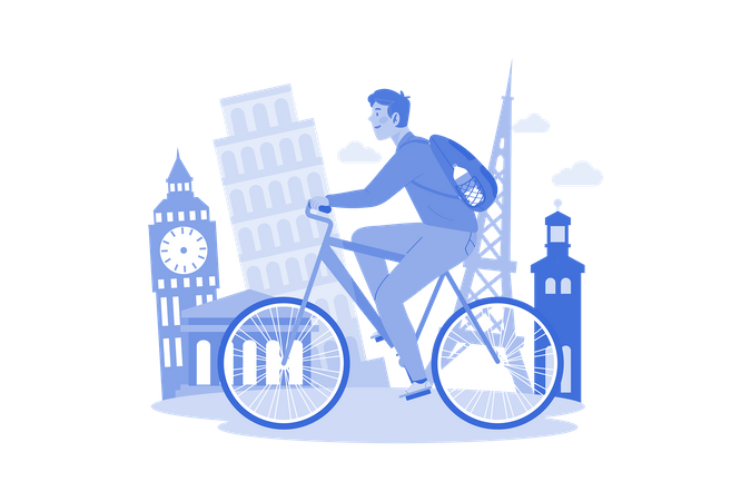 Joven alquilando bicicleta para explorar la ciudad  Ilustración