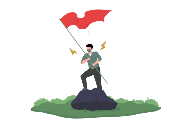Un joven levanta la bandera de Indonesia  Ilustración
