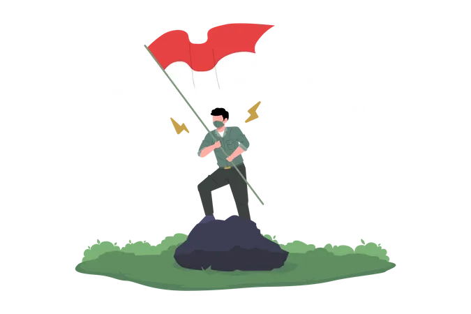 Un joven levanta la bandera de Indonesia  Ilustración