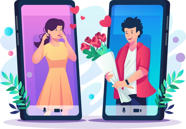 Un joven amante regalando flores a su novia a través de un teléfono inteligente.  Ilustración