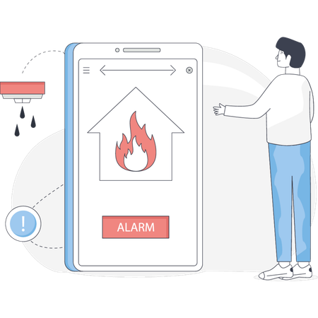 Joven apuntando al sistema de alarma contra incendios  Ilustración