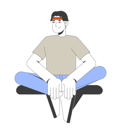 Joven asiático sentado con las piernas cruzadas y expresión tranquila sonriendo  Ilustración