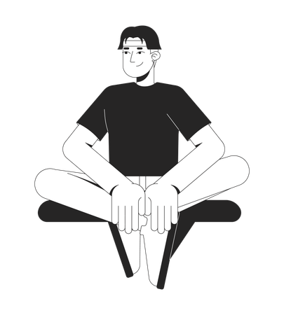 Joven asiático sentado con las piernas cruzadas y expresión tranquila sonriendo  Ilustración