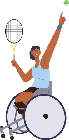 Joven atlética con discapacidad jugando tenis grande sentada en silla de ruedas  Ilustración