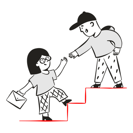 Un joven ayudando a una mujer a subir escaleras  Ilustración