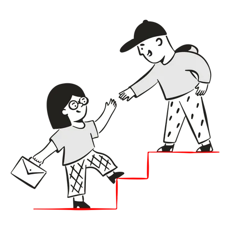 Un joven ayudando a una mujer a subir escaleras  Ilustración
