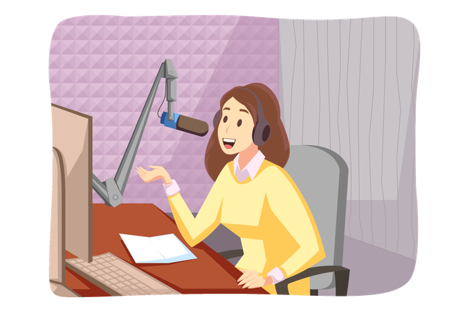 Locutora de radio joven blogger sentada en el estudio hablando con micrófono  Ilustración