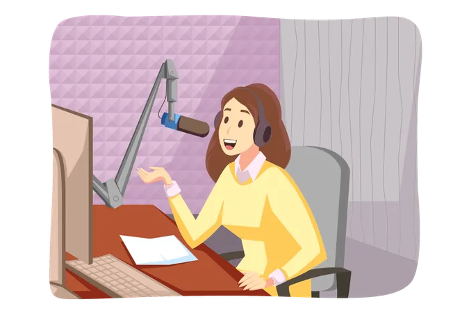 Locutora de radio joven blogger sentada en el estudio hablando con micrófono  Ilustración