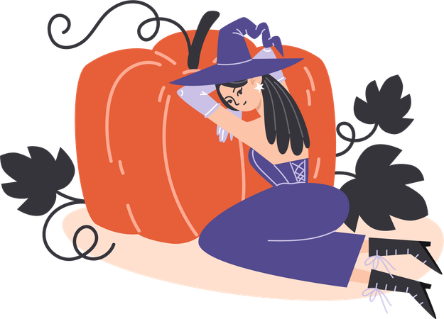 Bruja joven sentada en el suelo y abrazando una calabaza grande  Ilustración