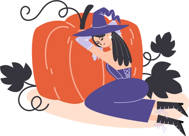 Bruja joven sentada en el suelo y abrazando una calabaza grande  Ilustración