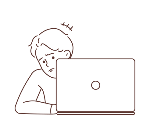 Hombre cansado joven con la computadora portátil  Ilustración