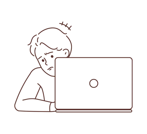 Hombre cansado joven con la computadora portátil  Ilustración