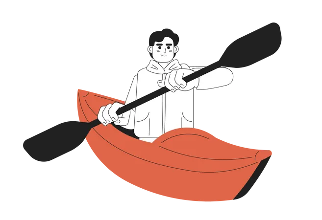 Joven caucásico remando en kayak  Ilustración