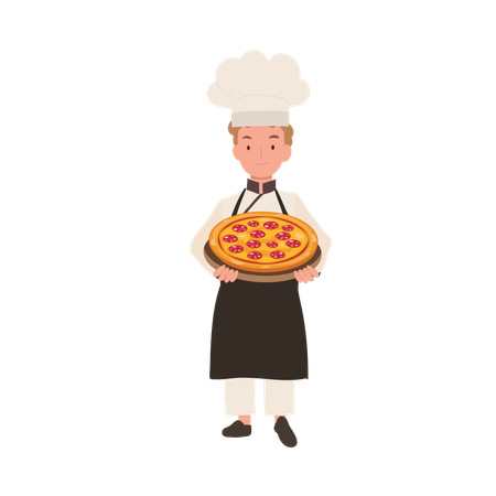 Joven chef cocina deliciosa pizza casera  Ilustración