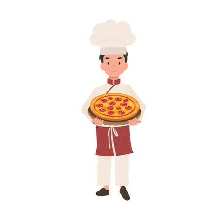 Joven Chef Cocina Deliciosa Pizza Casera Nino Chef Con Sombrero De Chef Sirviendo Pizza Ilustración