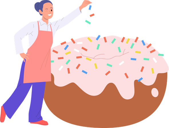 Mujer joven chef decorando donut  Ilustración