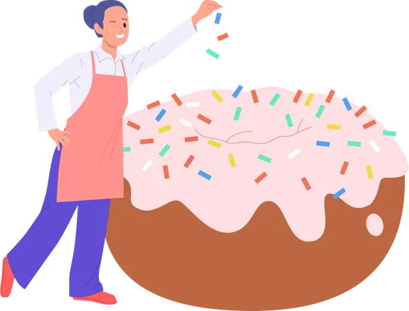 Mujer joven chef decorando donut  Ilustración