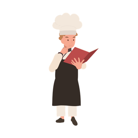 Joven chef leyendo un libro de cocina  Ilustración