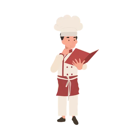 Joven Chef Leyendo Libro De Cocina Chef Infantil Aprendiendo A Cocinar Ilustración