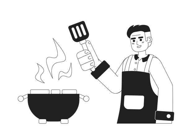 Joven cocinando en la parrilla de barbacoa  Ilustración