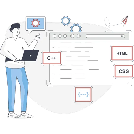 Joven revisando programación en C++ en una computadora portátil  Ilustração