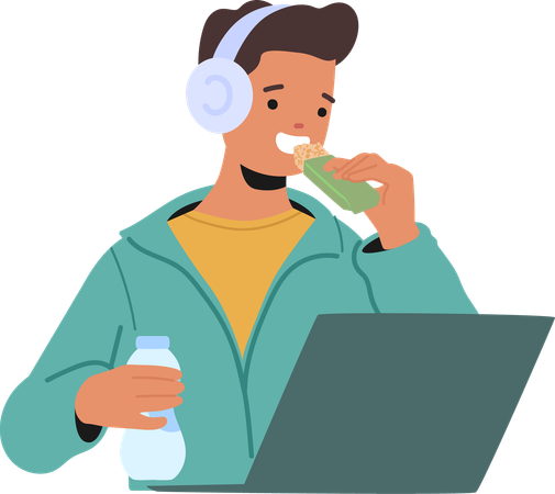 Joven con auriculares y disfrutando de un refrigerio saludable mientras trabaja en su computadora portátil  Ilustración