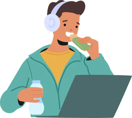 Joven con auriculares y disfrutando de un refrigerio saludable mientras trabaja en su computadora portátil  Ilustración