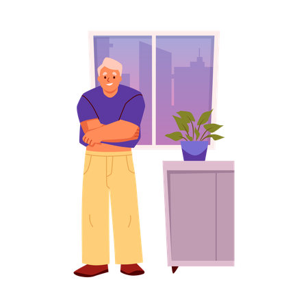 Hombre joven que lleva una camiseta en la habitación, persona feliz vistiéndose o cambiándose de ropa en casa poniéndose la ropa  Ilustración