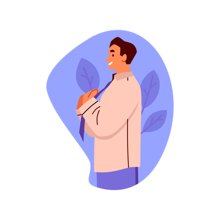 Un joven con corbata azul, de perfil, se prepara para ponerse ropa informal.  Ilustración