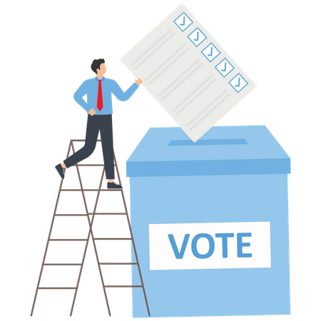 Joven con tarjeta de votación pone su voto en las urnas  Ilustración