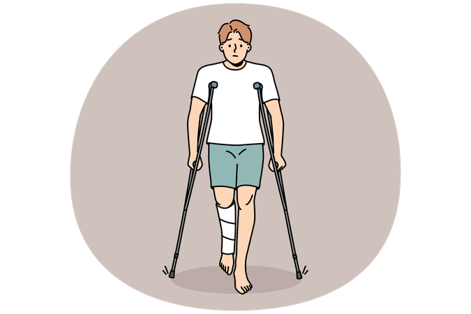 Joven con lesión en la pierna camina con muletas  Ilustración