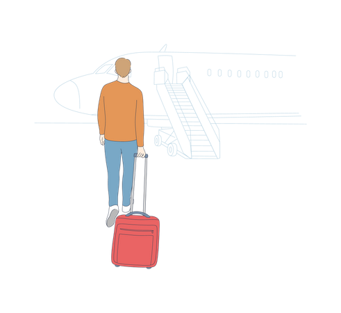 Joven con maleta caminando hacia atrás yendo al avión y sintiendo miedo de volar  Ilustración