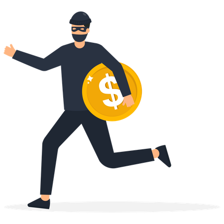 Un joven con máscara negra robando monedas de un dólar  Ilustración